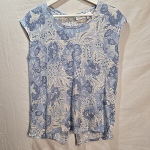 100% Linen Sigrid Olsen Size M Blue Floral Tee With Button Up Back Light Summer